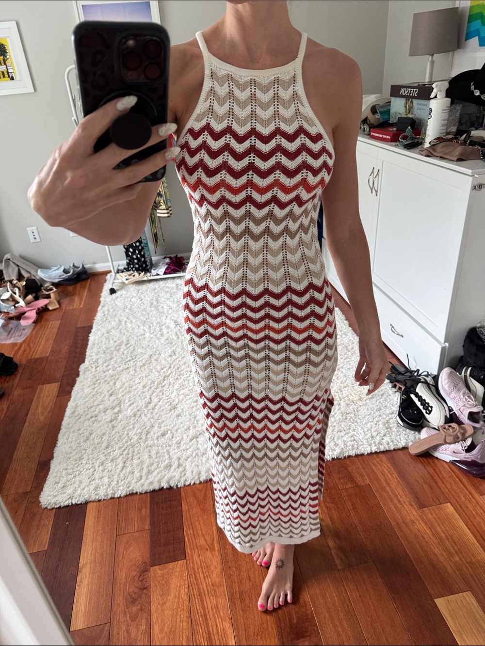 White and Red Chevron Knit Halter Midi Dress